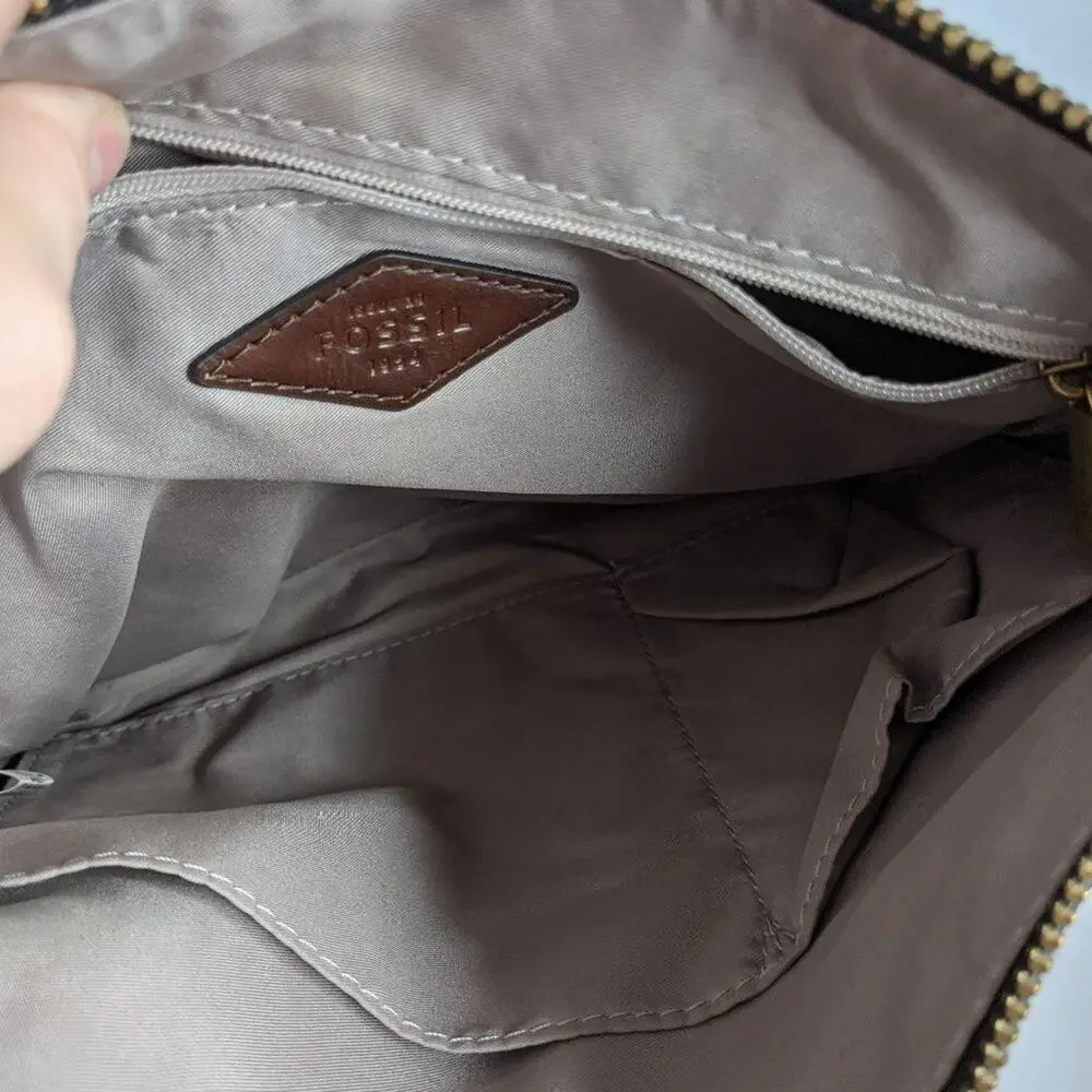 Fossil Black Gold Leather Zip Top Crossbody Bag